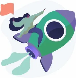 Illustration: Person fliegt auf einer Rakete und hält eine Fahne