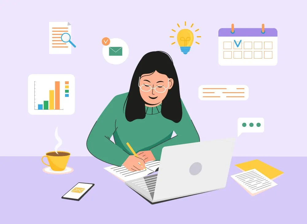 Illustration: Frau arbeitet am Laptop, umgeben von Symbolen für Kalender, Diagramme und Notizen