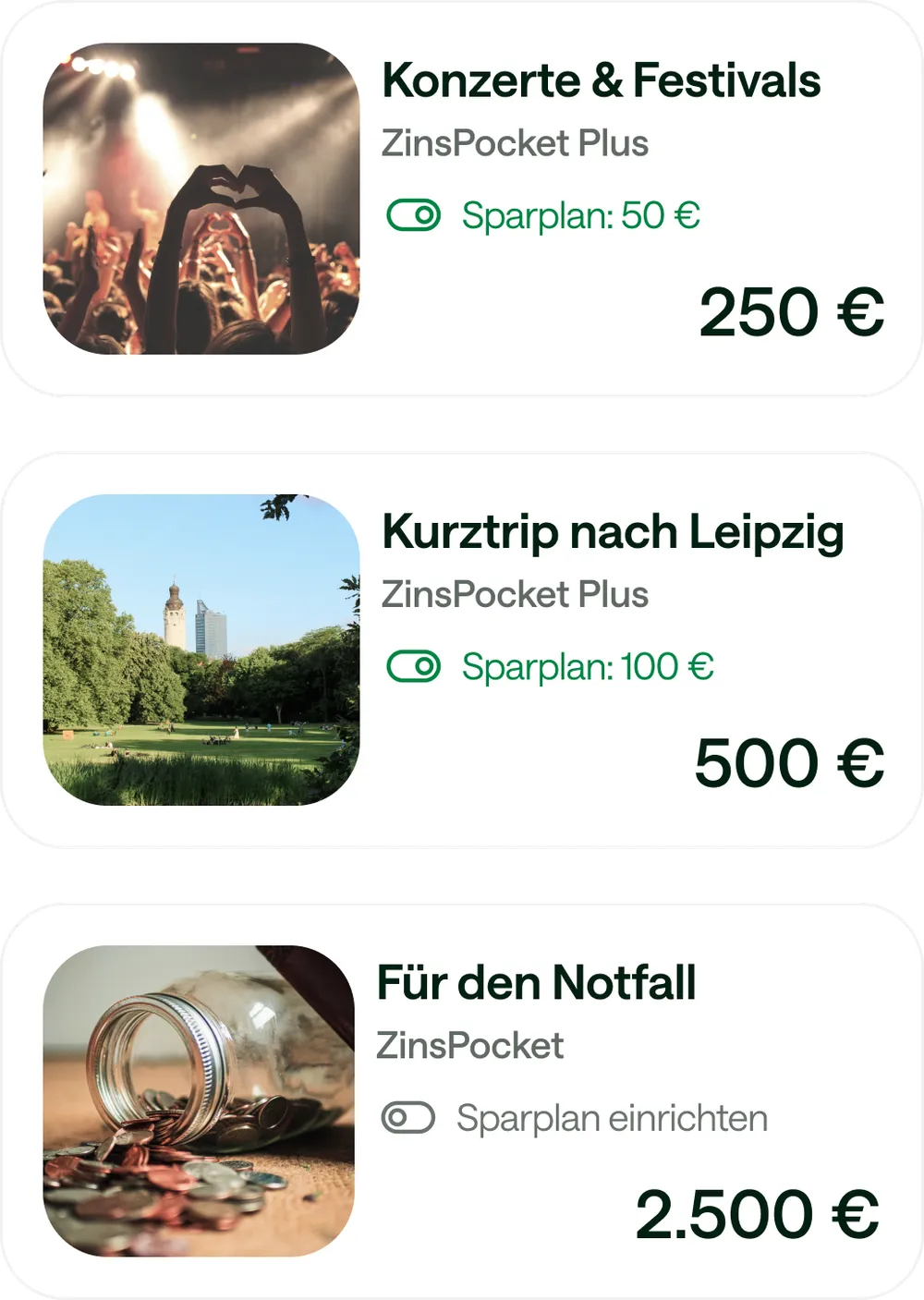 Pocket-Karten in der Evergreen App: Für jedes Sparziel ein eigenes Pocket.